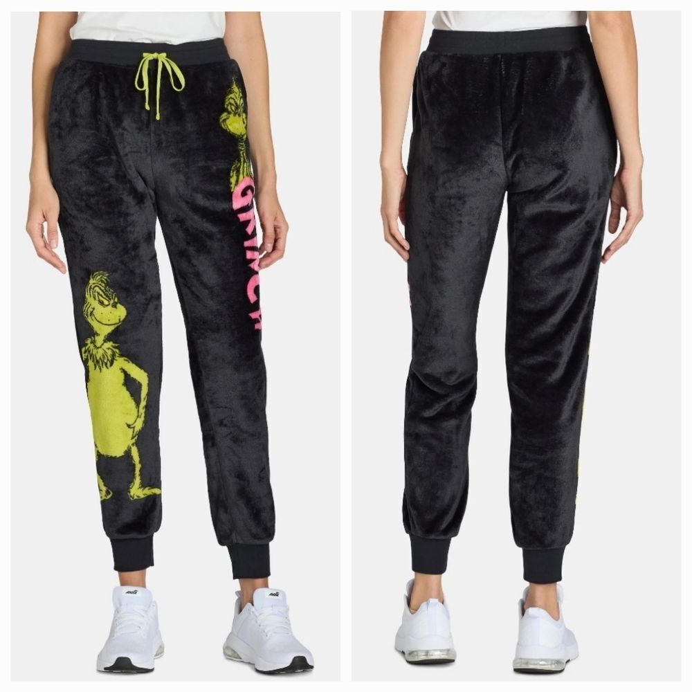 ☔️🔸️NWT The Grinch Black & Green Grinch Graphic Plush Joggers Small - Picture 2 of 12